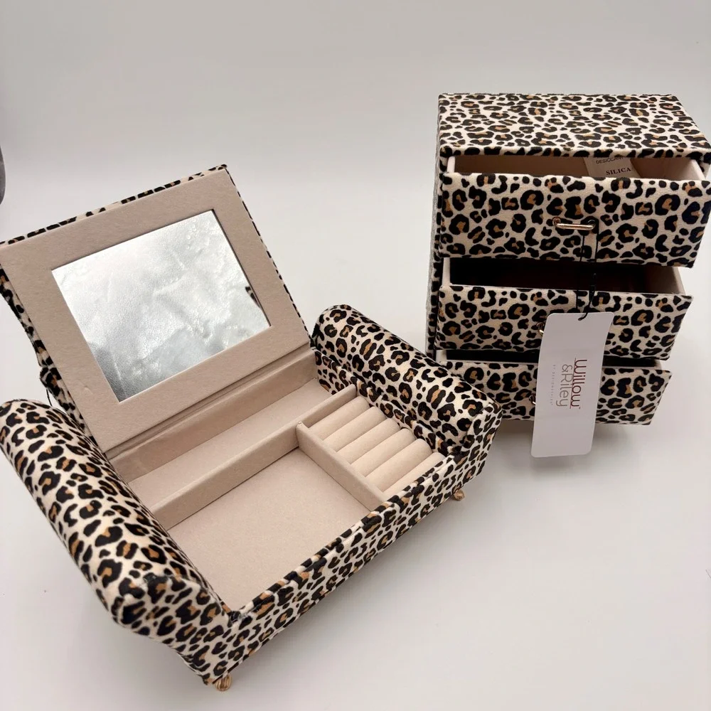 Willow & Riley Leopard Print Miniature Bed and Dresser Jewelry Box Set 2pc NEW